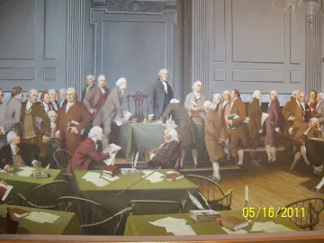 Painted scene showing signing of Declaration of Independence