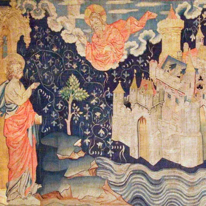 John watching the City of God descend from Heaven