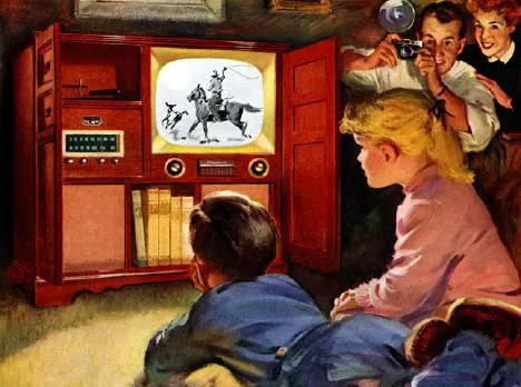 Painting: Dad snaps photo of kids watching television, perhaps circa early 1960's.. 